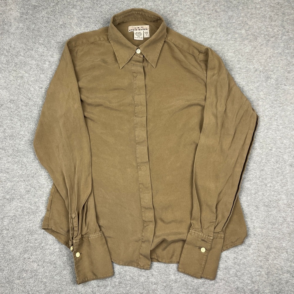 Eddie Bauer Button Up Womens M Brown AKA Silk Long Sleeve Collared Shirt Bouse